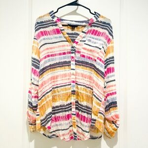 Zac Rachel colorful Striped Long Roll Tab Sleeve V neck Button Top Blouse size L
